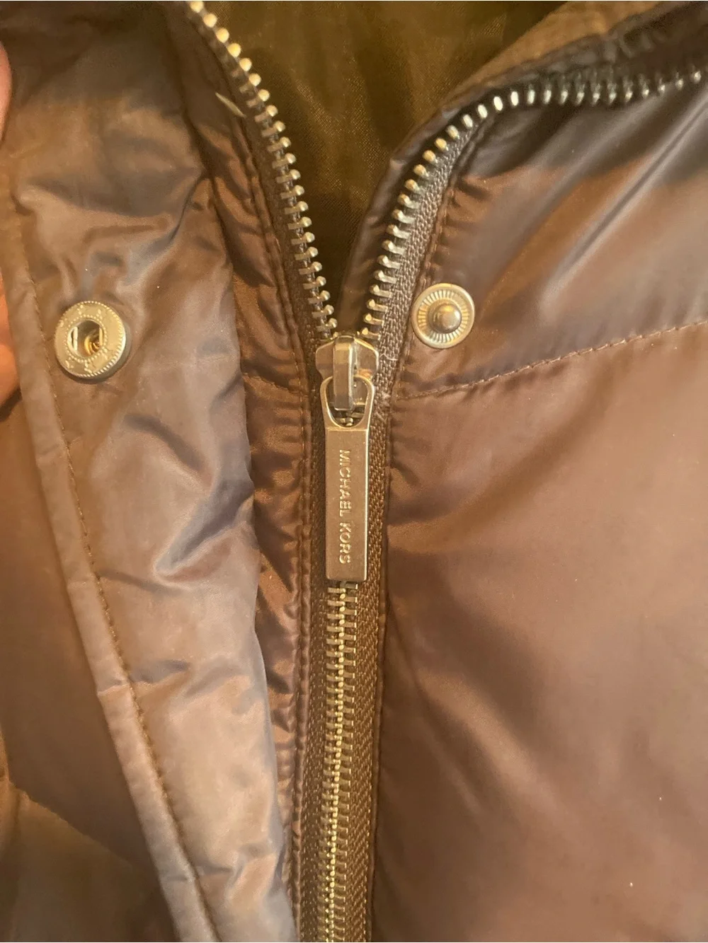 Michael Kors Dark Brown Long Puffer Coat with Faux Fur Collar